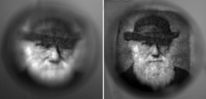 Figure 1. Images formed by a single-index spherical lens (left) vs. a graded index lens (right). 