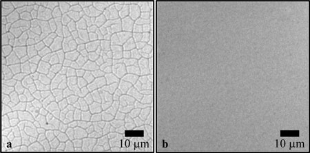 Optical microscope images of 22 nm silica nanoparticle films formed at a rotational rate of 2000 rpm and deposited on glass substrates: (a) 480 nm single-coated film generated from a nominal suspension concentration of 22.5 wt % silica. This image displays a fully interconnected crack network in the final film; (b) 494 nm multi-coated film consisting of 14 total coatings deposited consecutively from a 2 wt % silica suspension. Each coating has a nominal thickness of 35 nm. Subsequent coatings were performed with about a 20 min time duration between each deposition. The multi-coated film was observed to remain crack-free throughout its fabrication which is confirmed by this image.