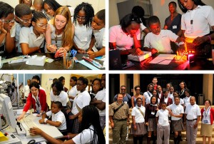 Girard students engaged in hands-on activities and a group photo with school teachers and Penn staff  