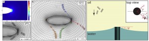 (LEFT) Migration and alignment of rod-like microparticles on a curved interface formed around an elliptical micropost.  The particles distort the interface to satisfy their wetting conditions.  They align and migrate to minimize the interfacial surface area on the curved interface. (RIGHT) Schematic of a cross section of the interface, molded by pinning on the micropost. Figure credits: Marcello Cavallaro, Lorenzo Botto, Eric P. Lewandowski, Marisa Wang, and Kathleen J. Stebe