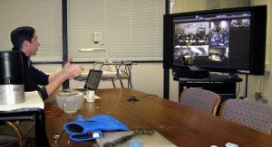 Professor Dan Gianola, Materials Science and Engineering, presenting: ‘Size Matters- Smaller is Better’ using MRSEC Video Conferencing equipment. High schools participating in this video conference: Hamburg Area S.D, Kutztown Area S.D., Montgomery County I.U., Mannheim Township HS, and West York Area H.S.