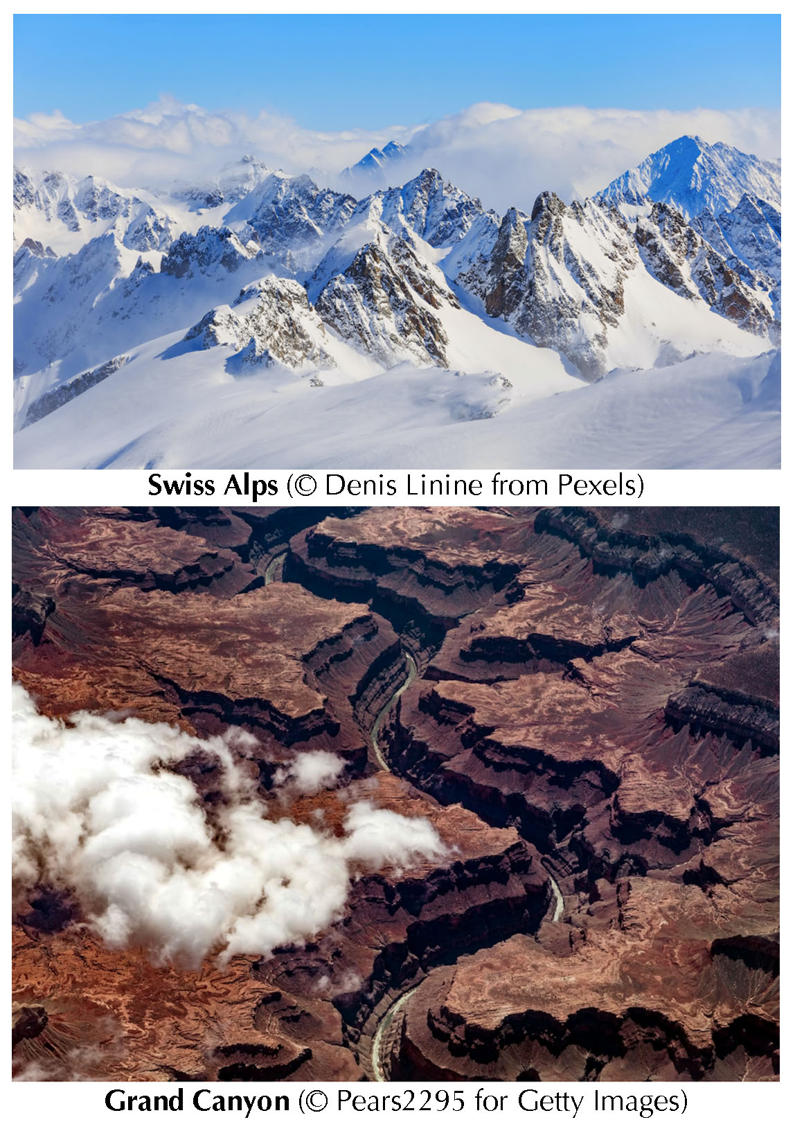 Photo of Swiss Alps © Denis Linine from Pexels and photo of Grand Canyon © Pears2295 for Getty Images