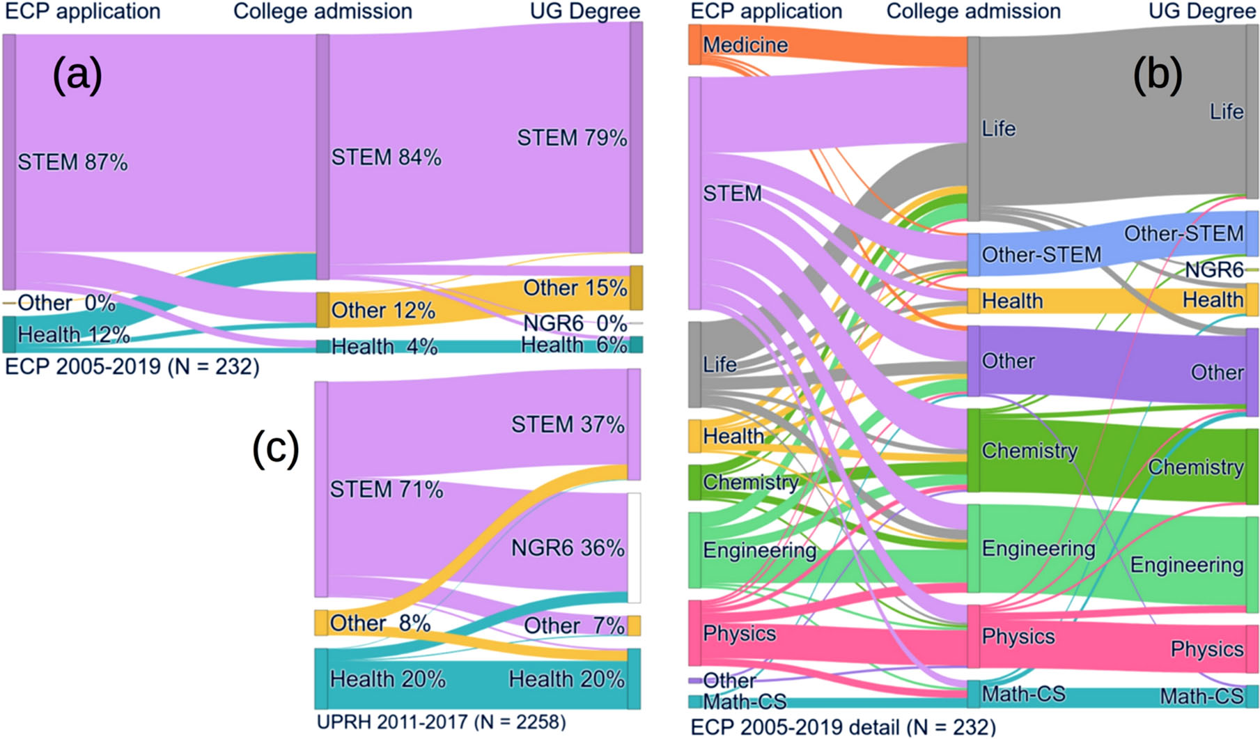 A graphic showing how Experimenta con PREM students showing how students progresses from their initially identified fields of study towards their final degree